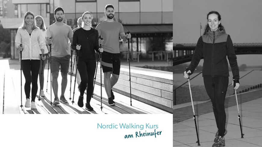 Gruppe von mehreren Personen beim Nordic Walking und die Kurleiterin Elisa